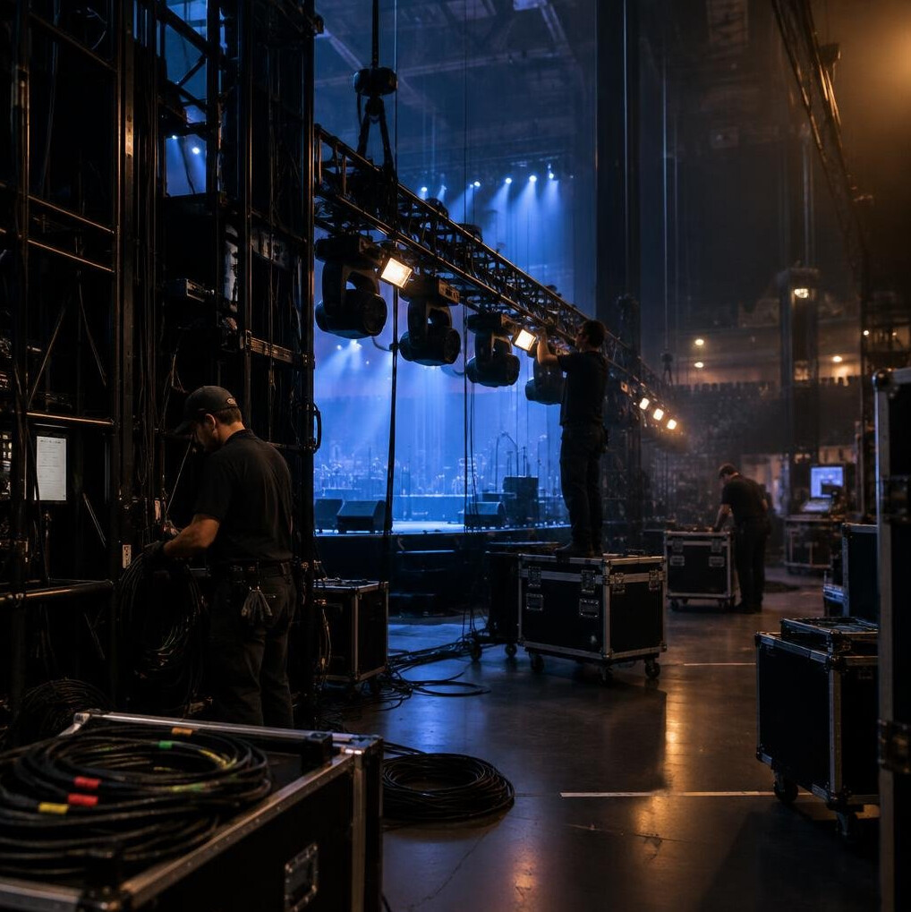 Backstage area with lighting equipment before an event